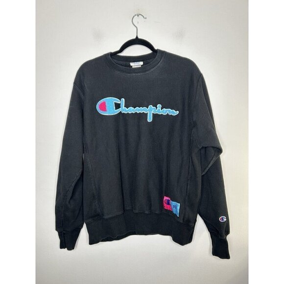 Champion Sweater Mens Black Reverse Weave Raised Embroidered Vintage Size Small - Picture 1 of 11